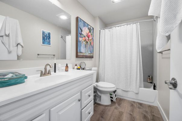 Bathroom, Interior, Recessed Lighting, Wood Texture Flooring