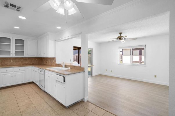 Empty room, Interior, Kitchen, Recessed Lighting, Wood Texture Flooring