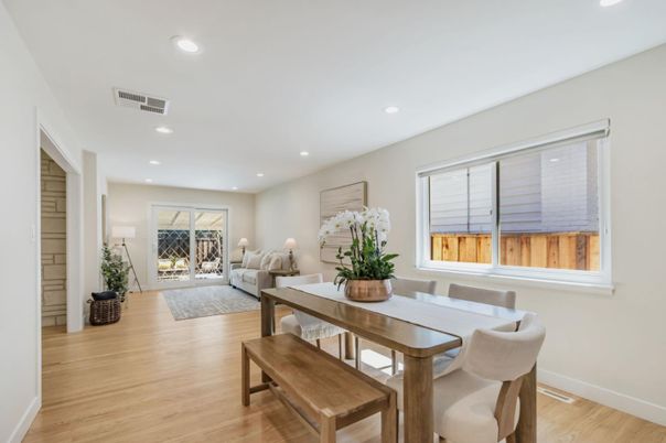 Dining room, Interior, Living room, Recessed Lighting, Wood Texture Flooring