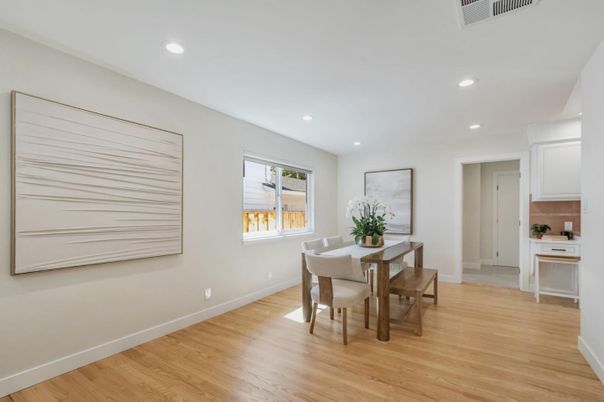 Dining room, Interior, Recessed Lighting, Wood Texture Flooring