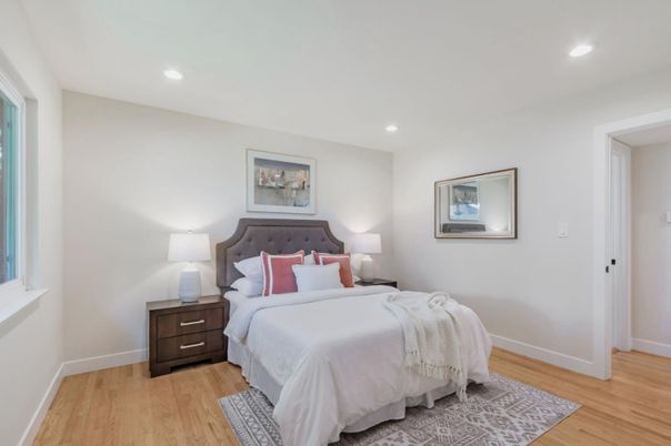 Bedroom, Interior, Recessed Lighting, Wood Texture Flooring