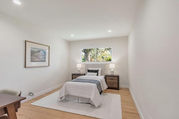 Bedroom, Interior, Recessed Lighting, Wood Texture Flooring