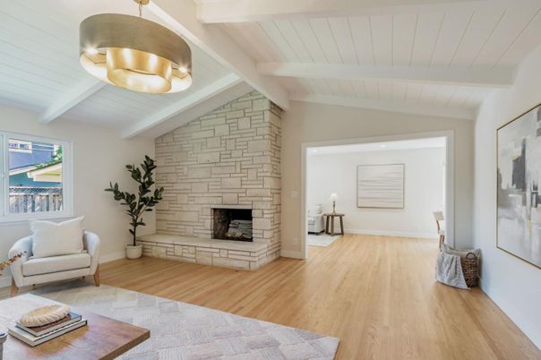 Fireplace, Interior, Pendant Lights, Stone Walls, Wood Texture Flooring