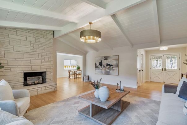 Fireplace, Interior, Living room, Pendant Lights, Stone Walls, Wood Texture Flooring