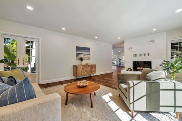 Fireplace, Interior, Living room, Recessed Lighting, Stone Walls, Wood Texture Flooring