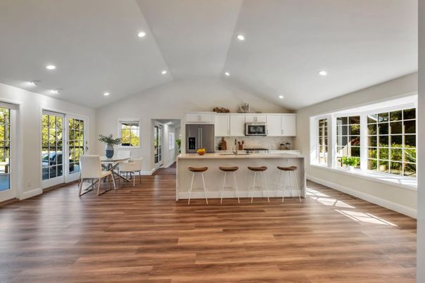 Dining room, Interior, Kitchen, Recessed Lighting, Wood Texture Flooring