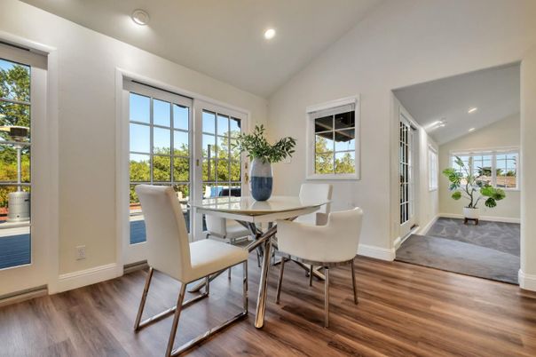 Dining room, Interior, Recessed Lighting, Wood Texture Flooring