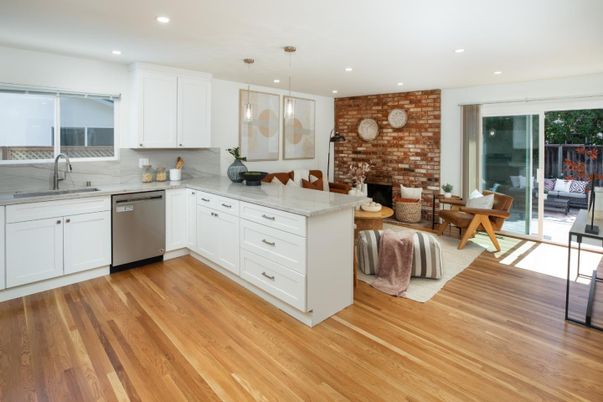 Interior, Kitchen, Pendant Lights, Recessed Lighting, Stainless Steel Appliances, Stone Walls, Wood Texture Flooring