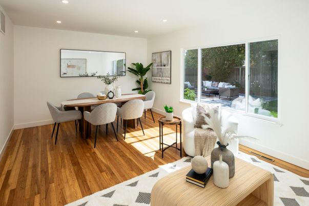 Dining room, Interior, Recessed Lighting, Wood Texture Flooring