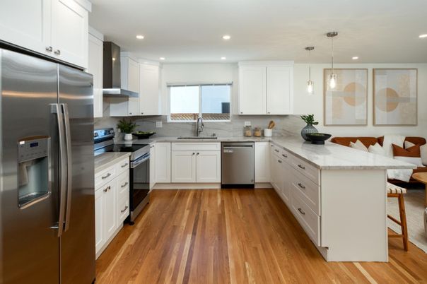 Interior, Kitchen, Pendant Lights, Recessed Lighting, Stainless Steel Appliances, Wood Texture Flooring