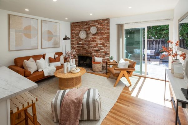 Fireplace, Interior, Living room, Recessed Lighting, Stone Walls, Wood Texture Flooring