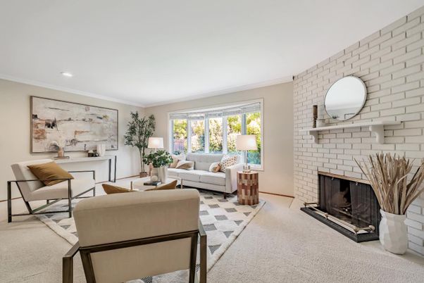 Fireplace, Interior, Living room, Recessed Lighting, Stone Walls
