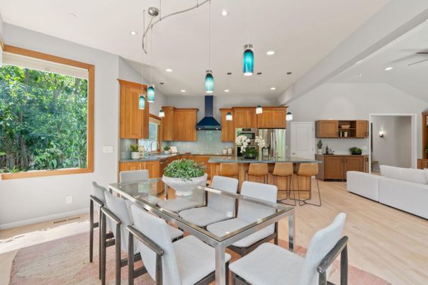 Dining room, Interior, Kitchen, Living room, Pendant Lights, Recessed Lighting, Stainless Steel Appliances, Wood Texture Flooring