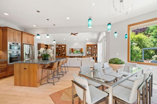 Dining room, Interior, Kitchen, Living room, Pendant Lights, Recessed Lighting, Stainless Steel Appliances, Wood Texture Flooring