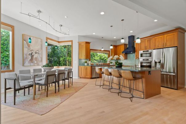 Dining room, Interior, Kitchen, Pendant Lights, Recessed Lighting, Stainless Steel Appliances, Wood Texture Flooring