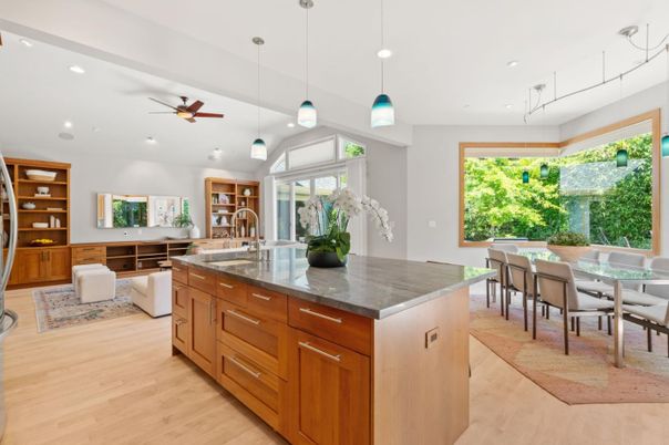 Dining room, Interior, Kitchen, Living room, Pendant Lights, Recessed Lighting, Wood Texture Flooring