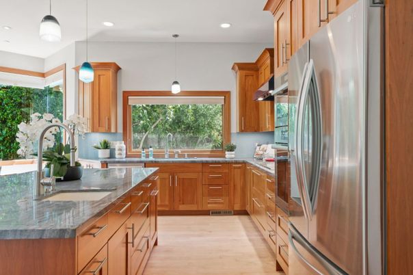 Interior, Kitchen, Pendant Lights, Recessed Lighting, Stainless Steel Appliances, Wood Texture Flooring