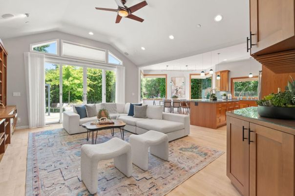 Interior, Kitchen, Living room, Pendant Lights, Recessed Lighting, Wood Texture Flooring