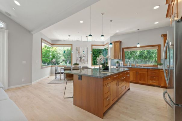 Dining room, Interior, Kitchen, Pendant Lights, Recessed Lighting, Stainless Steel Appliances, Wood Texture Flooring