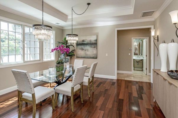 Chandelier, Dining room, Interior, Wood Texture Flooring