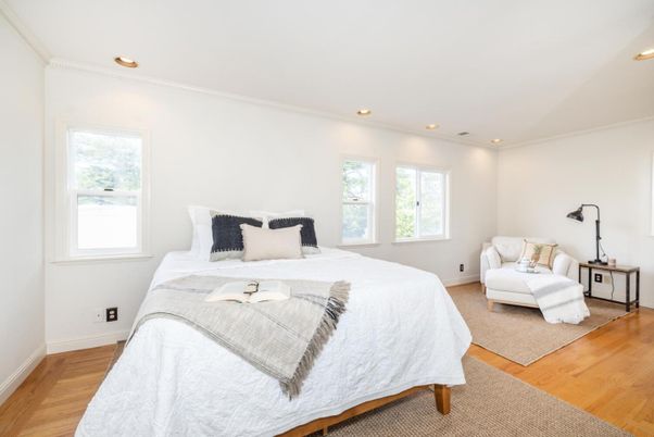 Bedroom, Interior, Recessed Lighting, Wood Texture Flooring