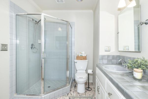 Bathroom, Glass Shower, Interior, Recessed Lighting, Tile Countertops