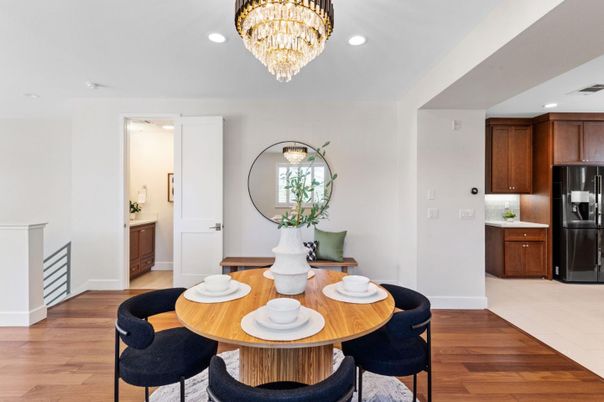 Chandelier, Dining room, Interior, Kitchen, Recessed Lighting, Wood Texture Flooring