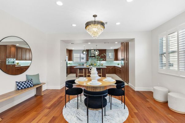 Chandelier, Dining room, Interior, Kitchen, Recessed Lighting, Wood Texture Flooring