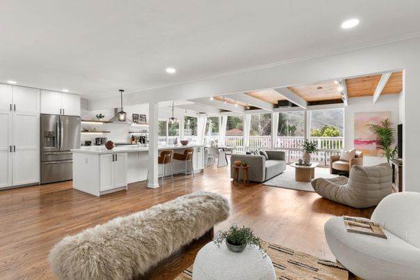 Interior, Kitchen, Living room, Pendant Lights, Recessed Lighting, Stainless Steel Appliances, Wooden Ceilings, Wood Texture Flooring