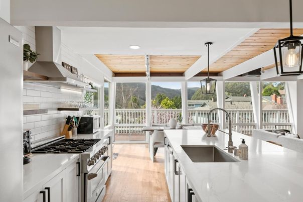 Interior, Kitchen, Pendant Lights, Recessed Lighting, Wooden Ceilings, Wood Texture Flooring