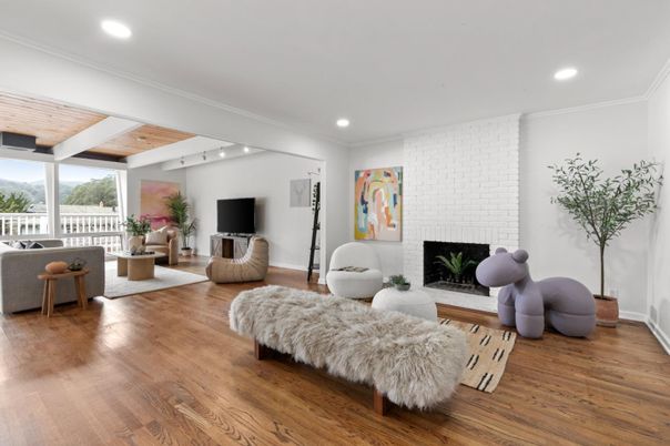Fireplace, Interior, Living room, Recessed Lighting, Stone Walls, Wooden Ceilings, Wood Texture Flooring