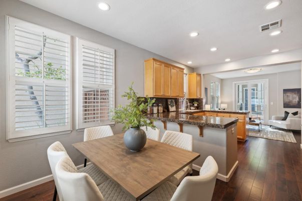 Dining room, Interior, Kitchen, Living room, Recessed Lighting, Wood Texture Flooring
