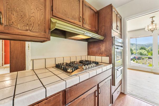 Interior, Kitchen, Tile Countertops, Wood Texture Flooring
