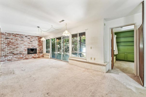 Empty room, Fireplace, Interior, Pendant Lights, Stone Walls