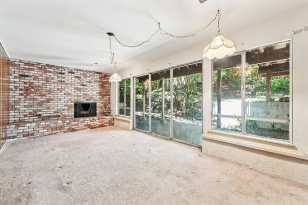 Empty room, Fireplace, Interior, Pendant Lights, Stone Walls
