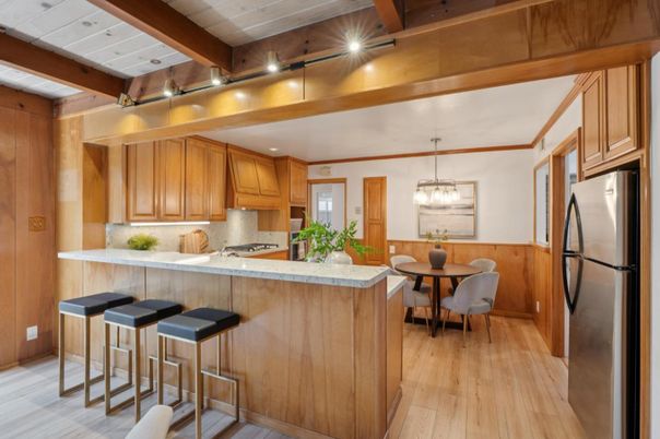 Dining room, Interior, Kitchen, Pendant Lights, Stainless Steel Appliances, Wooden Beams, Wood Texture Flooring