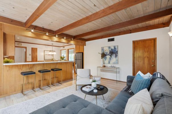Interior, Kitchen, Living room, Pendant Lights, Recessed Lighting, Wooden Beams, Wooden Ceilings, Wood Texture Flooring