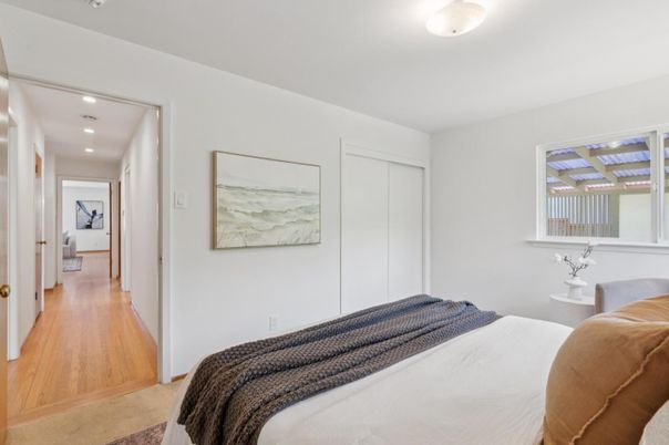 Bedroom, Interior, Recessed Lighting, Wood Texture Flooring