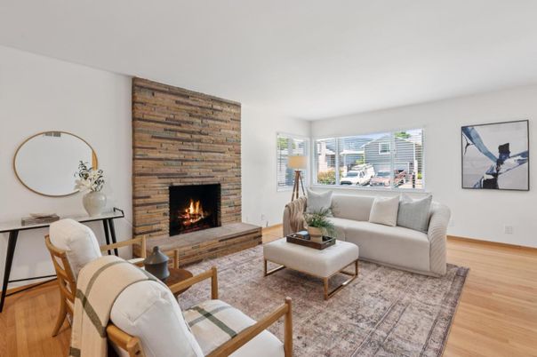 Fireplace, Interior, Living room, Stone Walls, Wood Texture Flooring
