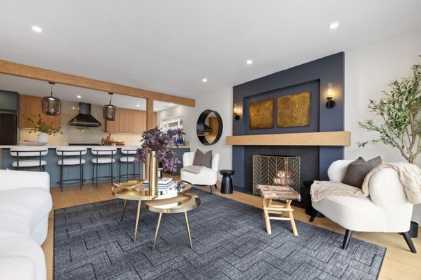 Fireplace, Interior, Kitchen, Living room, Pendant Lights, Recessed Lighting, Wood Texture Flooring