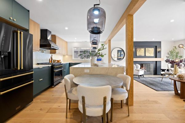 Dining room, Fireplace, Interior, Kitchen, Recessed Lighting, Wood Texture Flooring
