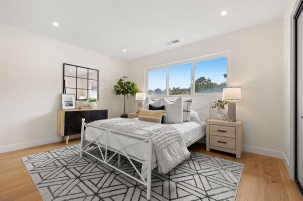 Bedroom, Interior, Recessed Lighting, Wood Texture Flooring
