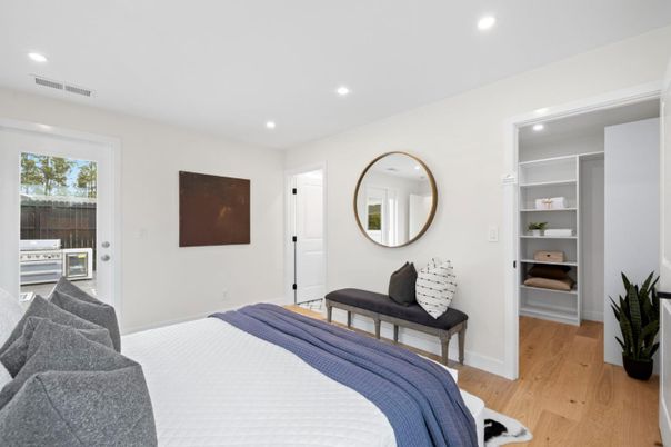 Bedroom, Interior, Recessed Lighting, Wood Texture Flooring