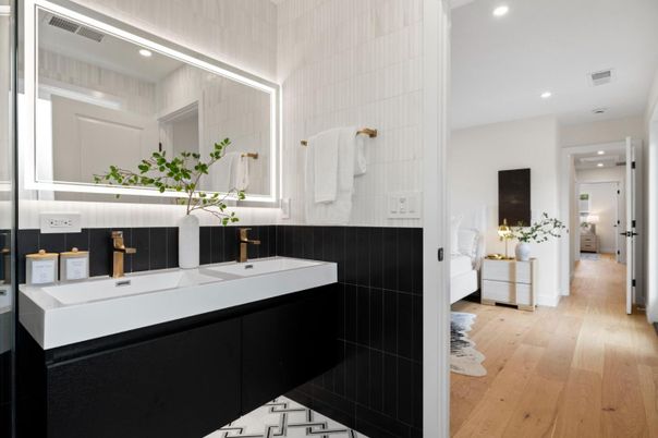 Bathroom, Dual Sink Vanities, Interior, Recessed Lighting, Wood Texture Flooring