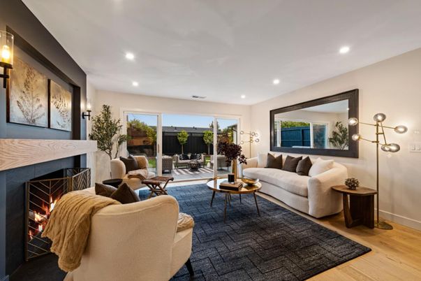 Fireplace, Interior, Living room, Recessed Lighting, Wood Texture Flooring