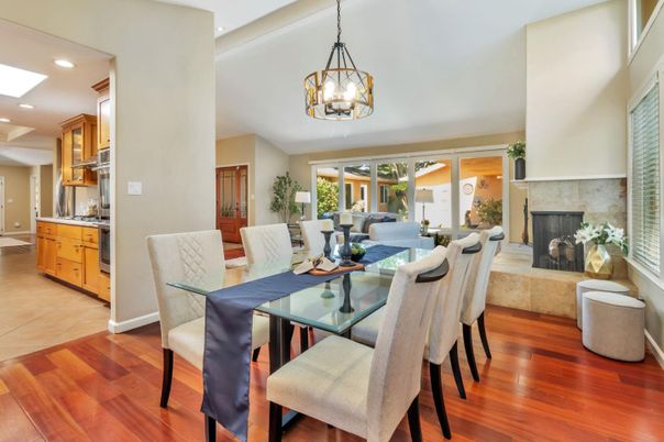 Dining room, Fireplace, Interior, Kitchen, Living room, Pendant Lights, Recessed Lighting, Wood Texture Flooring