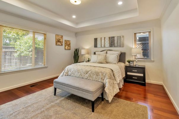 Bedroom, Interior, Recessed Lighting, Wood Texture Flooring