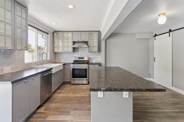 Interior, Kitchen, Recessed Lighting, Stainless Steel Appliances, Wood Texture Flooring
