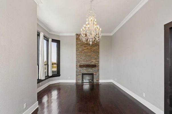 Chandelier, Empty room, Fireplace, Interior, Stone Walls, Wood Texture Flooring