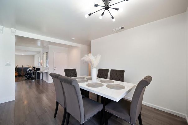 Dining room, Interior, Pendant Lights, Recessed Lighting, Wood Texture Flooring
